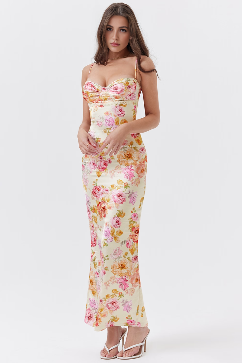 Ivory Floral Bodycon Maxi Dress