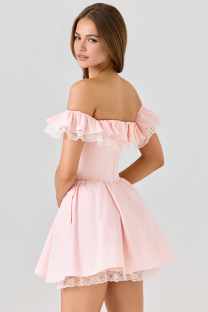 Pink Off Shoulder Lace Mini Dress