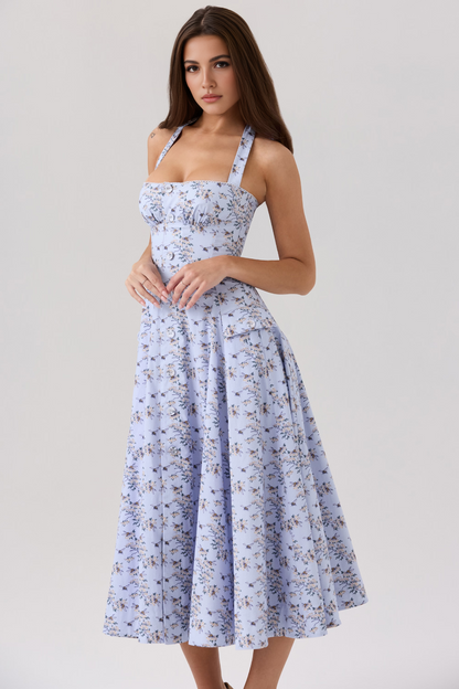 Blue Floral Backless Midi Dress