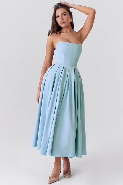 Blue Strapless Bodycon Midi Dress