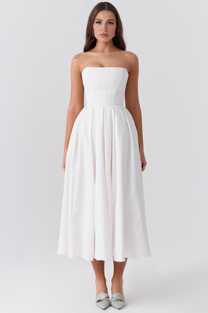 White Strapless Bodycon Midi Dress