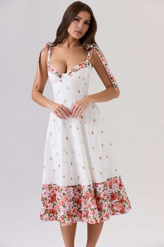 White A-Line High Waist Midi Dress