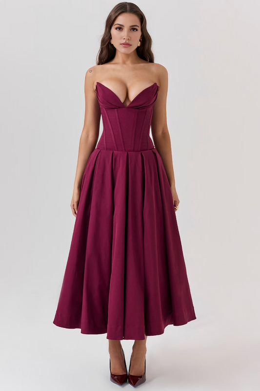Wine Strapless Midi Dress