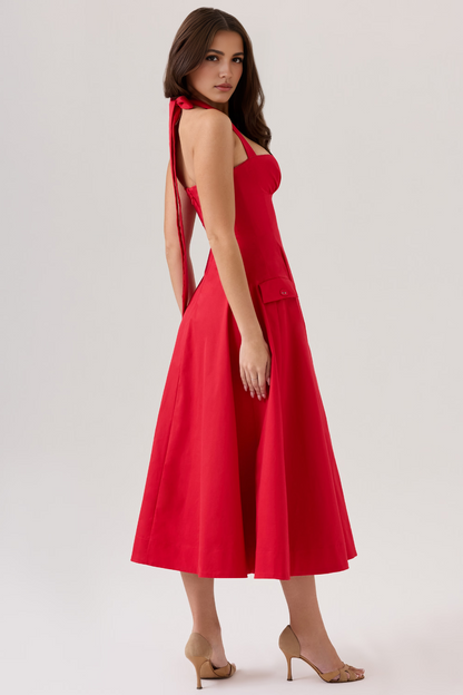 Red Floral Backless Midi Dress
