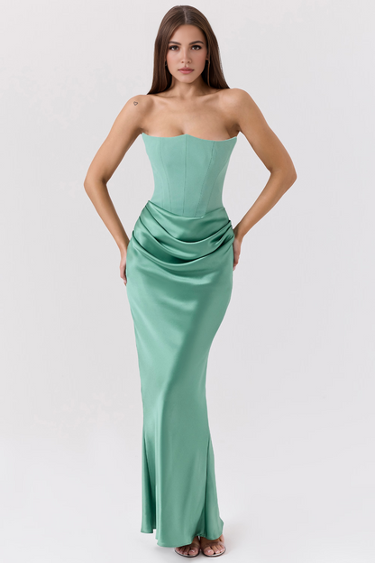 Green Satin Strapless Corset Maxi Dress