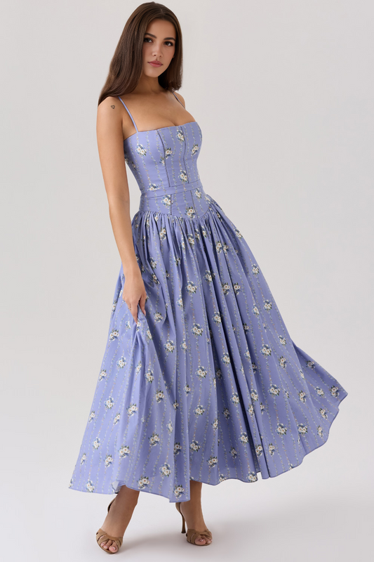 Blue A-Line High Waist Midi Dress