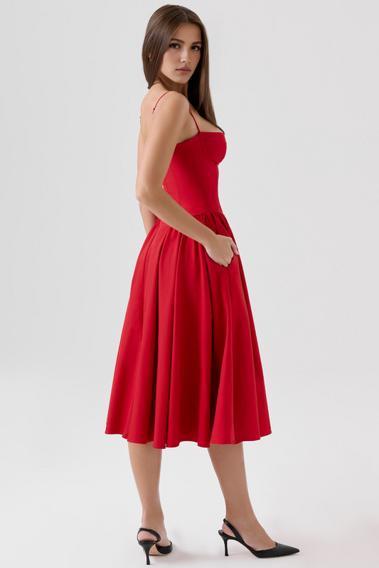 Red A-Line Midi Dress