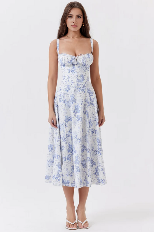 Blue Floral A-Line Midi Dress
