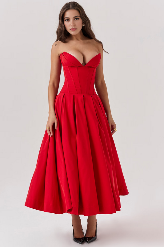 Red Strapless Corset Midi Dress
