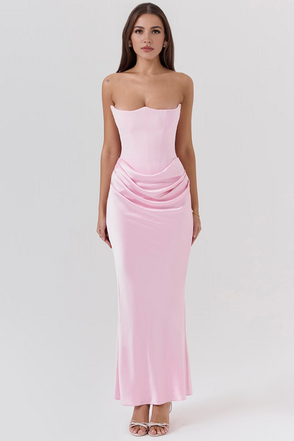 Pink Satin Strapless Corset Maxi Dress
