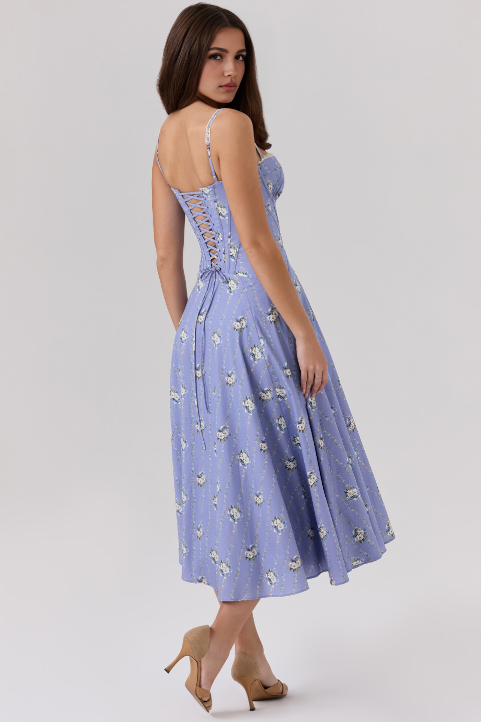 Blue Floral Corset Midi Dress