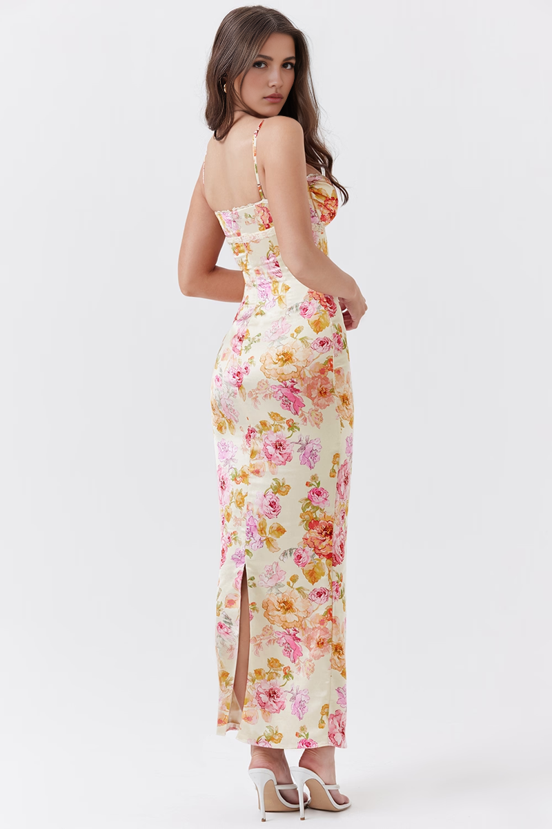 Ivory Floral Bodycon Maxi Dress