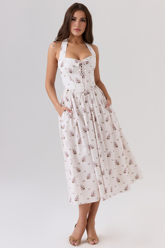 Floral High Waist Patchwork Midi Dress
