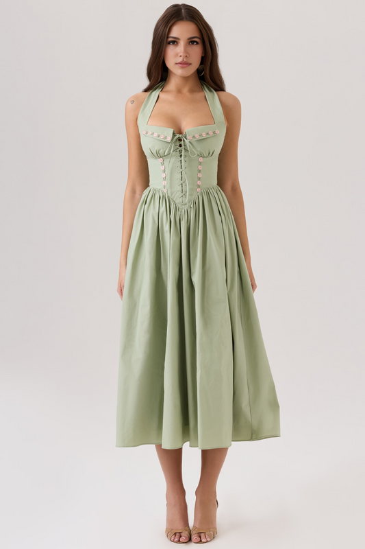 Green Floral Embroidery Backless Midi Dress