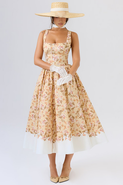 Yellow Floral Pleated Midi Dress