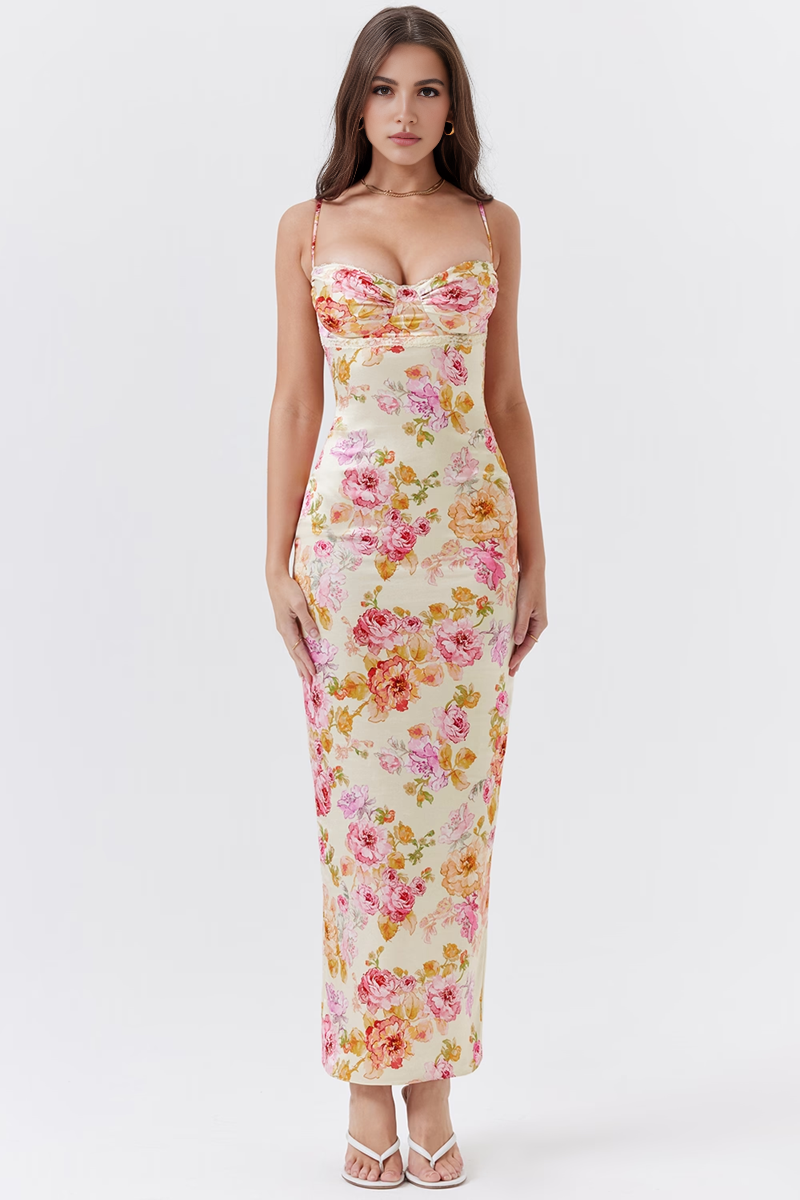 Ivory Floral Bodycon Maxi Dress