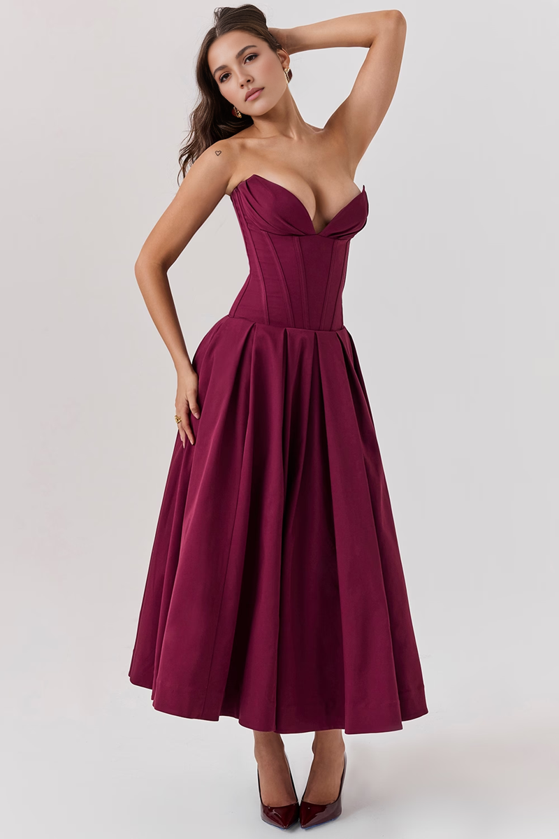Wine Strapless Midi Dress
