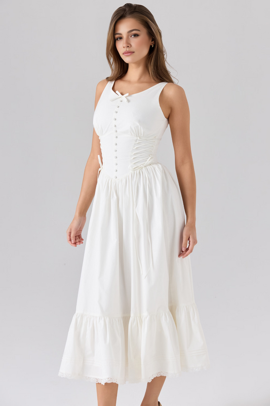 White A-Line High Waist Midi Dress
