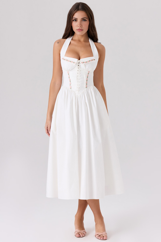 White Floral Embroidery Backless Midi Dress