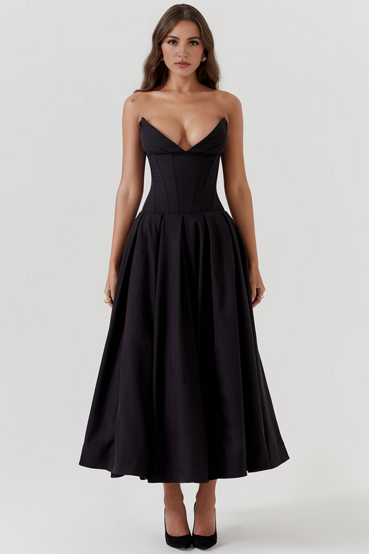 Black Strapless Corset Midi Dress