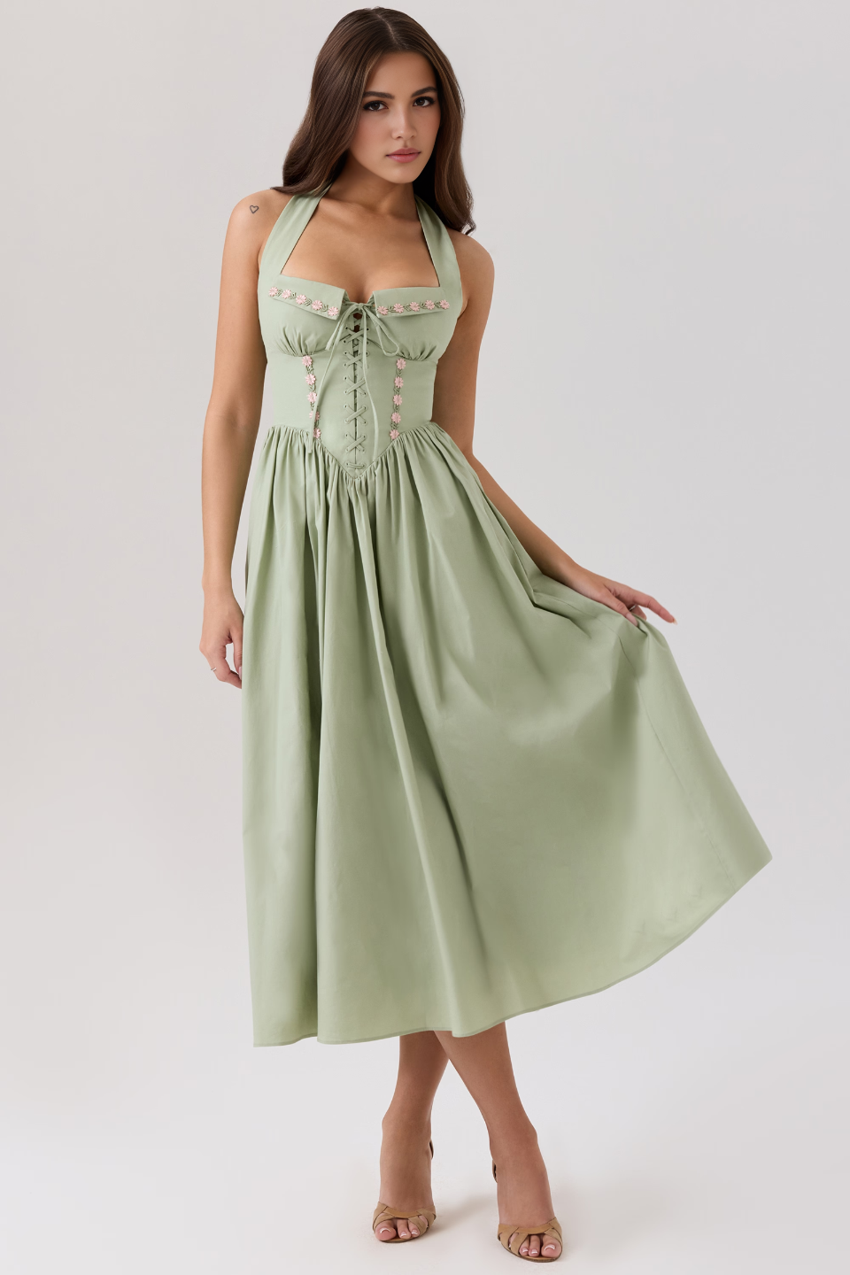 Green Floral Embroidery Backless Midi Dress