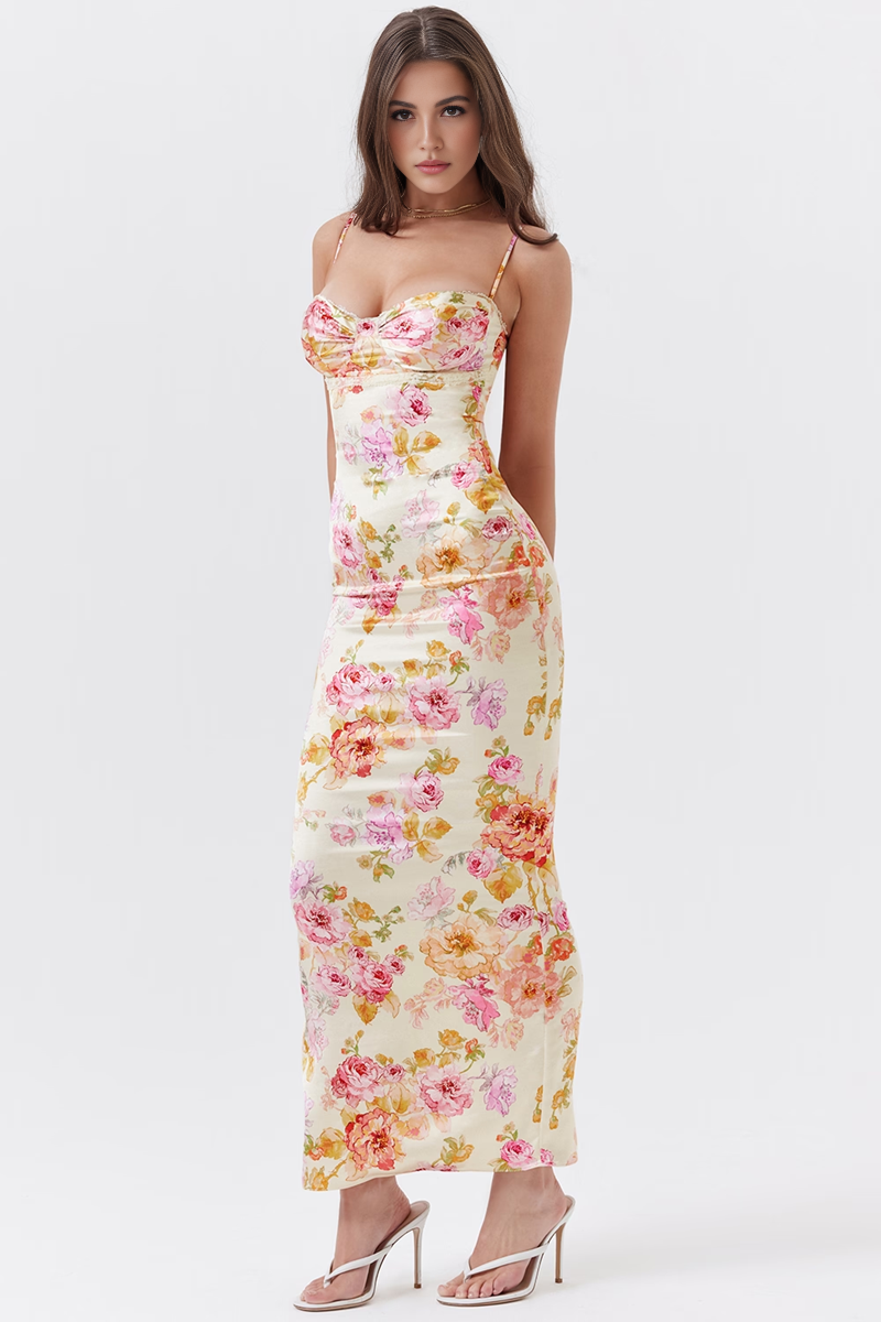 Ivory Floral Bodycon Maxi Dress