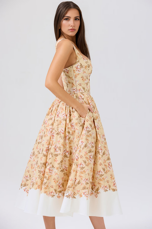 Yellow Floral Pleated Midi Dress