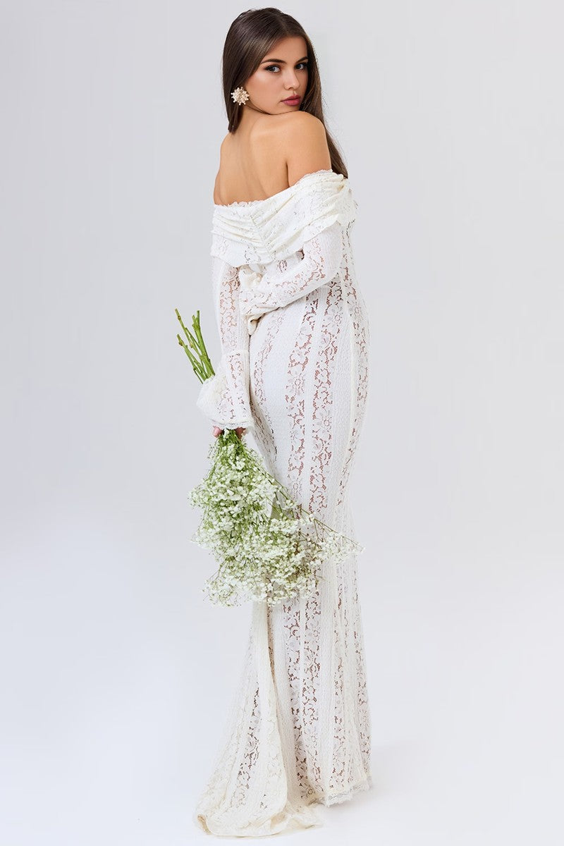 White Bodycon Long Sleeve Lace Maxi Dress