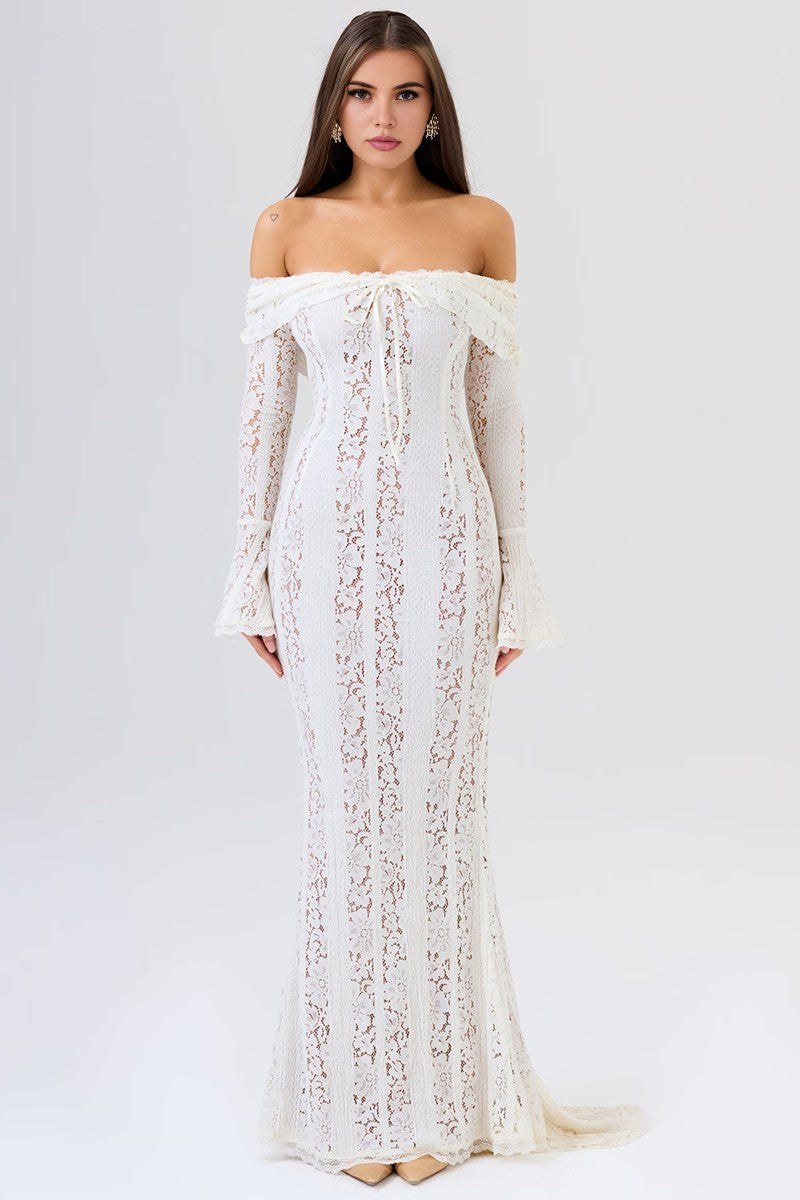 White Bodycon Long Sleeve Lace Maxi Dress