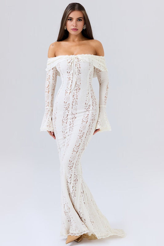 White Bodycon Long Sleeve Lace Maxi Dress White