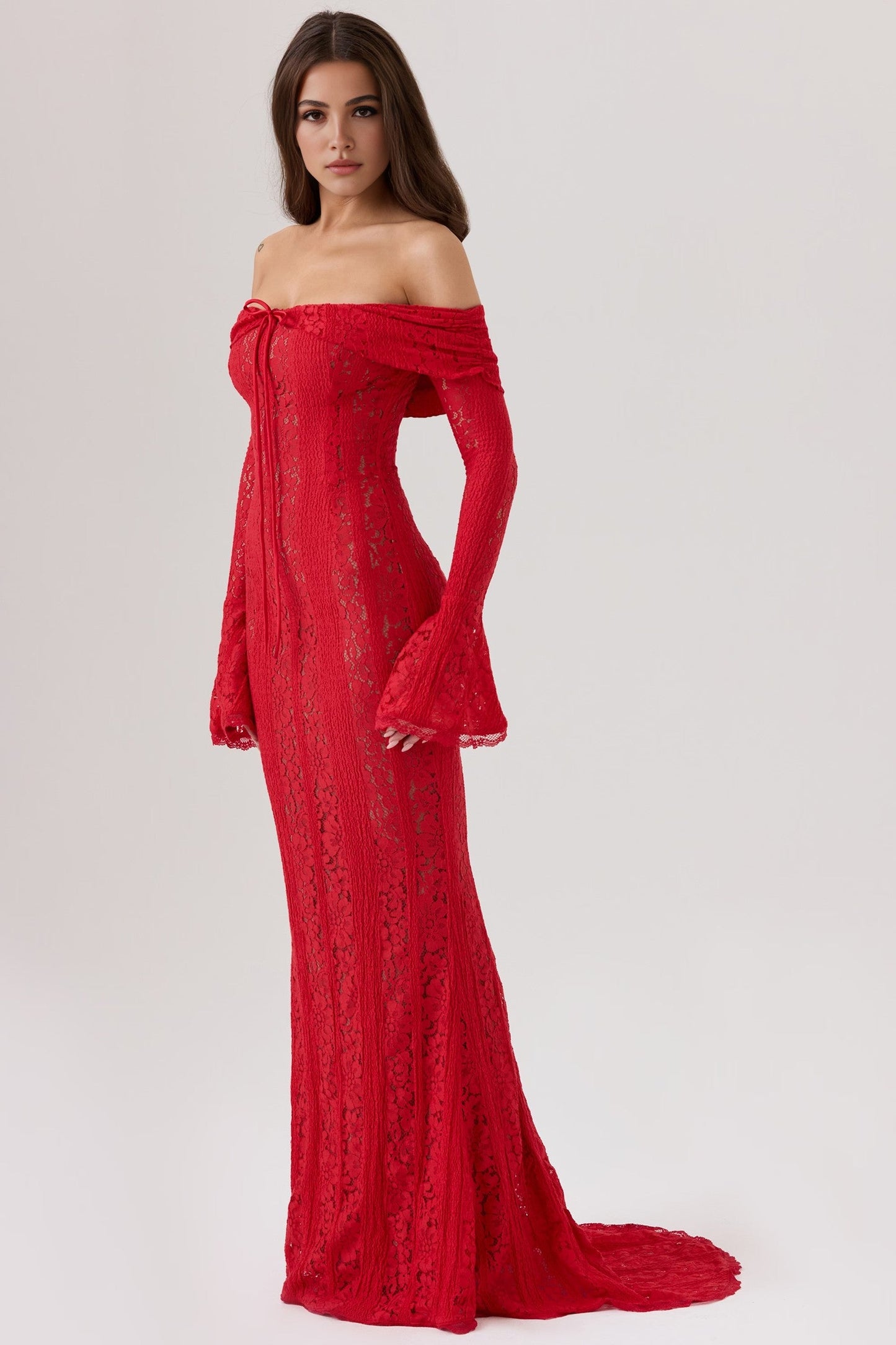 Red Bodycon Long Sleeve Lace Maxi Dress