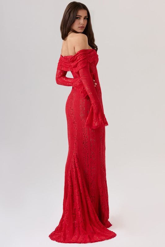 Red Bodycon Long Sleeve Lace Maxi Dress
