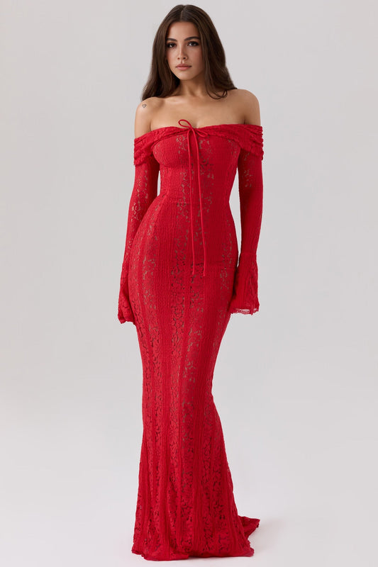 Red Bodycon Long Sleeve Lace Maxi Dress