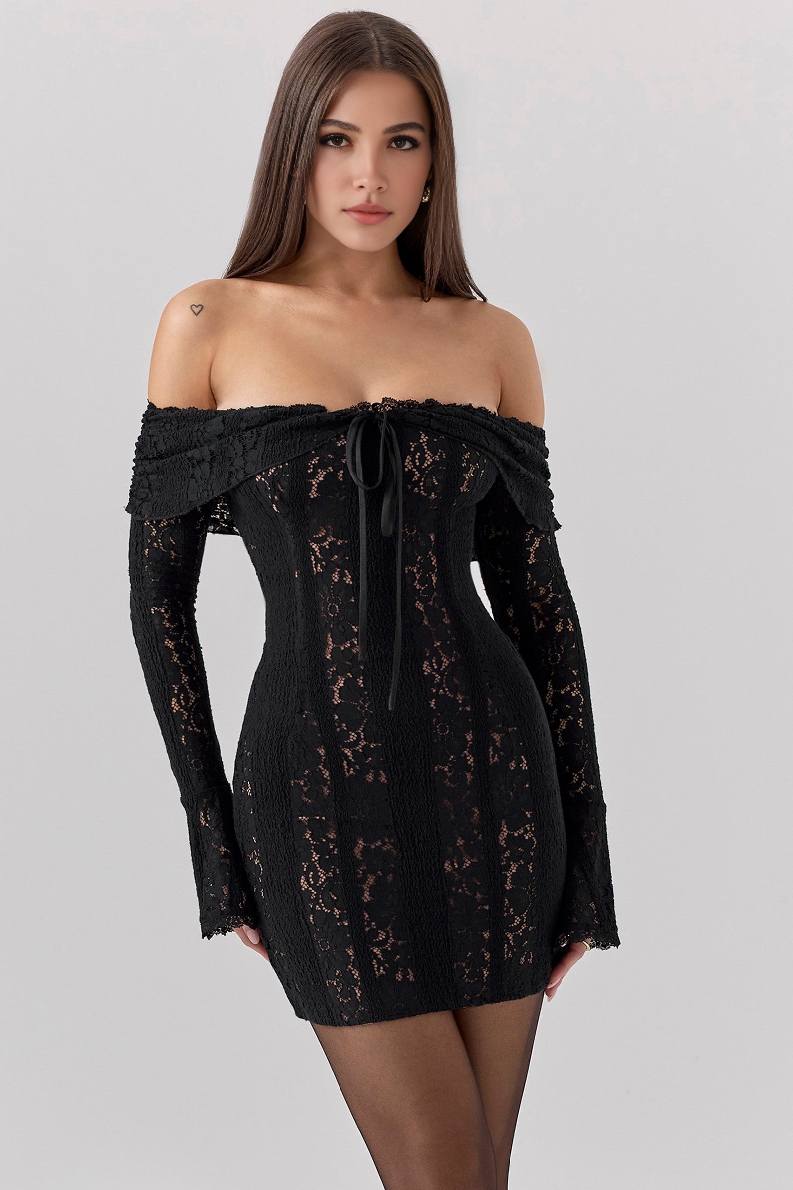 Black Lace Bodycon Long Sleeve Mini Dress Black