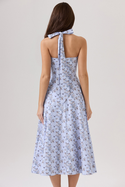 Blue Floral Backless Midi Dress