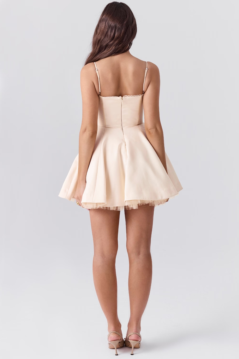 Beige Tulle A-Line Mini Dress