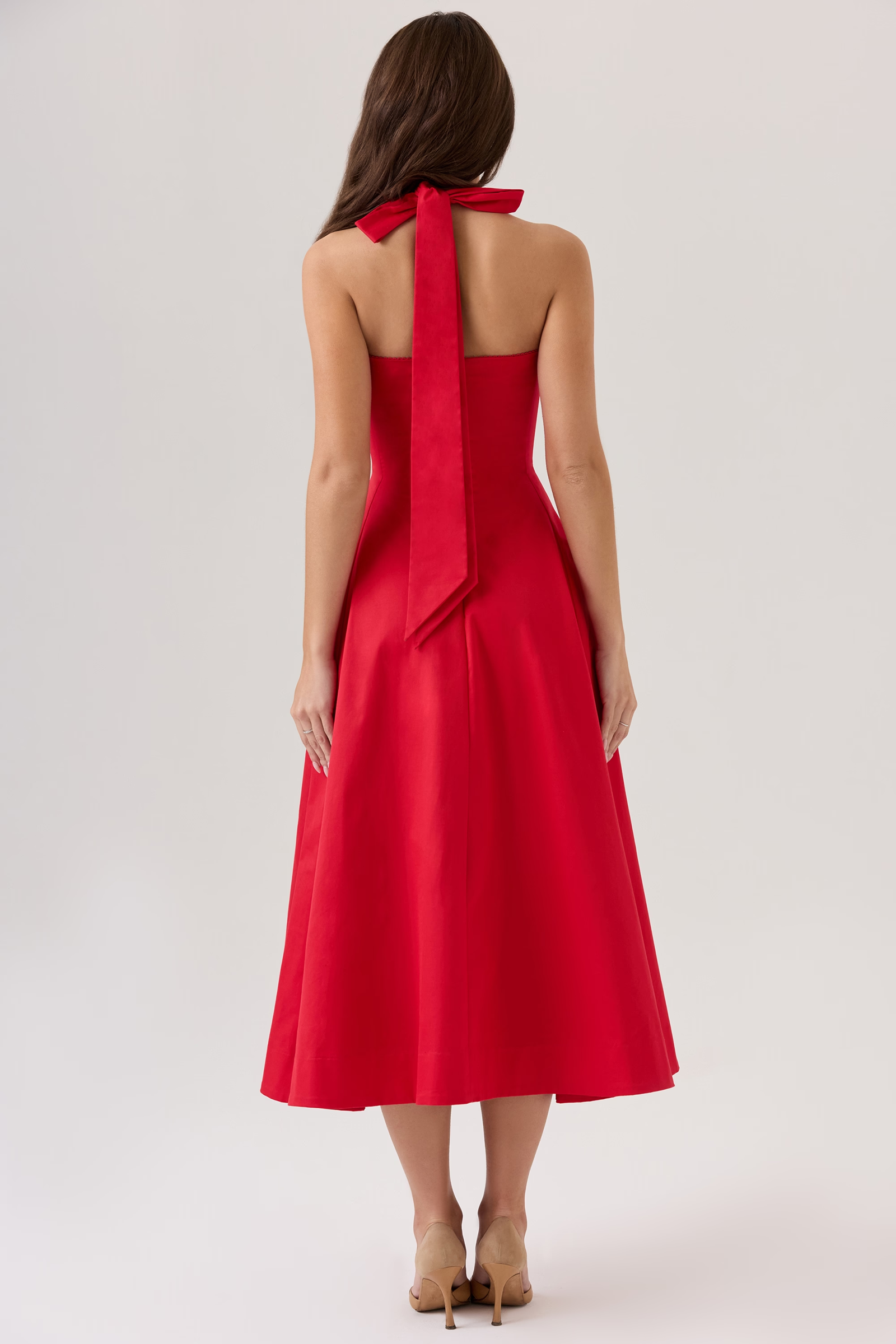 Red Floral Backless Midi Dress