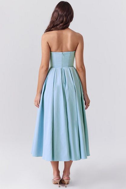Blue Strapless Bodycon Midi Dress