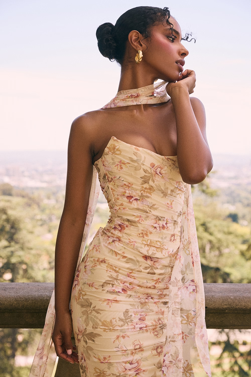 Floral Strapless Top and Maxi Skirt Set