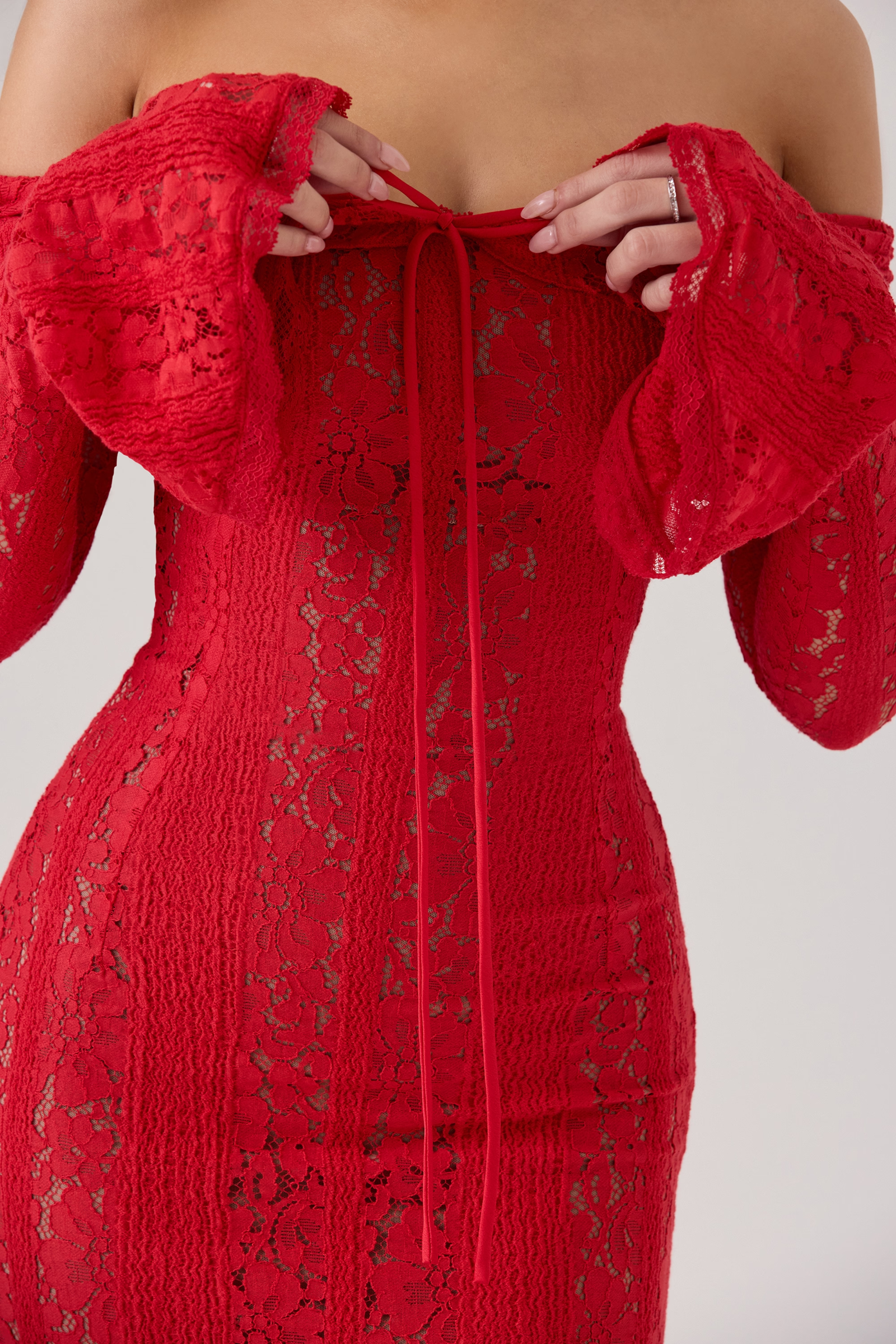 Red Bodycon Long Sleeve Lace Maxi Dress